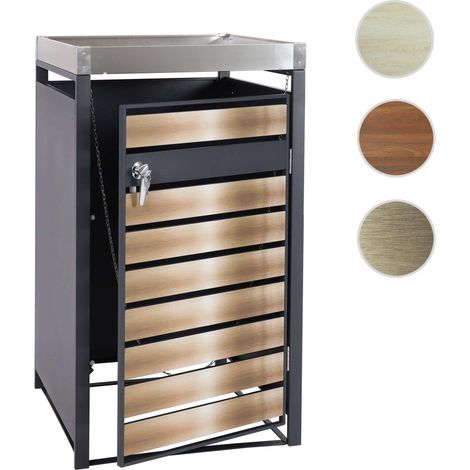 Habillage pour 1 poubelle avec bac à plantes HWC-J81 - extensible - 125x68x80cm métal 31kg - anthracite - aspect hêtre-bois (1/5)