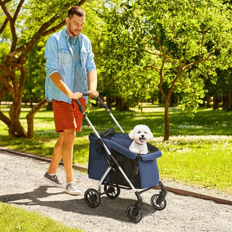 Poussette pour chiens, bleu foncé, fenêtre en treillis, oreiller lavable, chariot de transport léger et pliable pour petits chiens