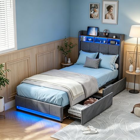 JOOKGBD-Polsterbett 90x200cm,Jugendbett mit LED Beleuchtung und Stauraum,Schlafsofa Einzelbett mit Bettkasten,Tagesbett Gästebett mit Lattenrost,für Kinder und Jugendliche,leinen,Grau