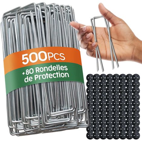 500 Agrafes De Jardin,80 Rondelles,Acier Galvanisé 3mm,Piquet Ancrage,Sol Dur,Toile Paillage,Gazon Synthétique (1/5)