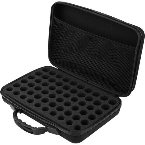 Estuche rígido para aceites esenciales – 60 compartimentos para frascos de 5 ml y 15 ml, color negro.