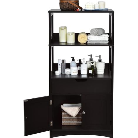 COSTWAY Armadietto del bagno con cassetto e mensola, armadio con 2 mensole aperte e 2 ante, armadietto per cucina, ingresso, salone e camera da letto, armadietto in legno (nero) (1/5)