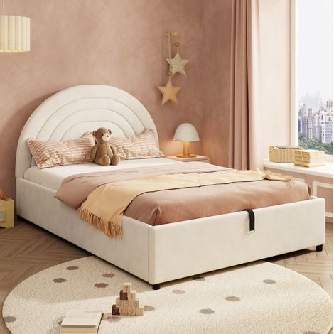 Bett mit Stauraum Samt Beige 140x200 cm, mit hydraulischem Bettkasten und Lattenrost (1/5)