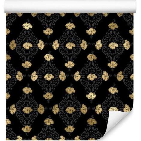 Carta da parati con motivo tropicale nero e oro nei colori nero, ocra e marrone, 50x1000 cm. (1/5)