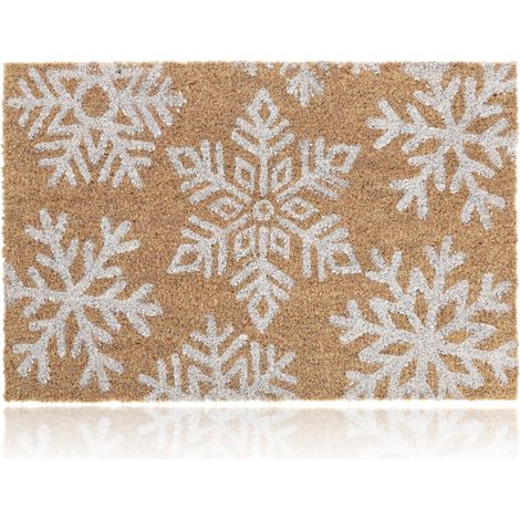 Relaxdays Paillasson coco, flocons de neige, antidérapant, 60 x 40 cm, pour intérieur et extérieur, nature/blanc (1/5)