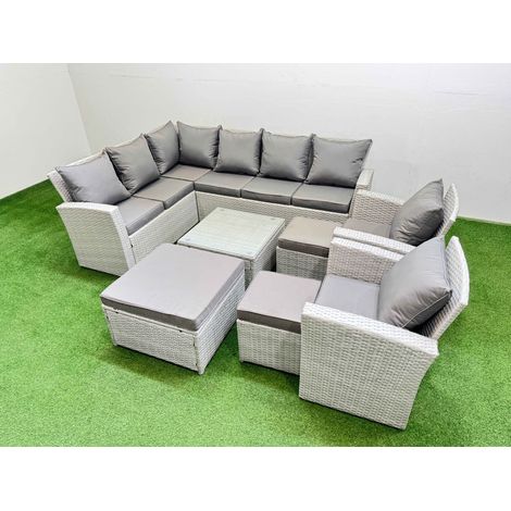 Fimous Outdoor Rattan Garden Furniture Set 11 Seater Corner Sofa Sets with Square Coffee Table Chair 3 Footstools Light Grey Mixed (1/5)