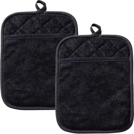 Juego de 2 manoplas de cocina negras de algodón (17,2 x 22,4 cm) con bolsa, antideslizantes, para cocinar y hornear.