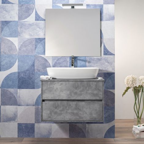 Mobile Bagno Sospeso 100 cm Industrial 2 Cassetti Specchio Top per Lavabo da Appoggio (1/5)