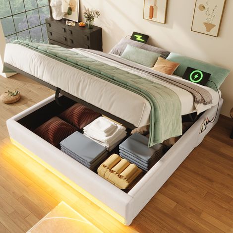 Polsterbett Leinen Beige 140x200 cm mit LED-Leiste, USB und Typ-C, hydraulischem Stauraum und Seitentaschen