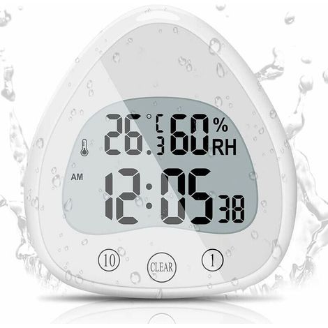 Horloge de Salle de Bain, LCD Alarme Numérique avec Horloge de Douche Tactile étanche, Minuteries étanche Thermomètre Horloge d'affichage Portable avec Ventouse pour Cuisiner, Apprendre,