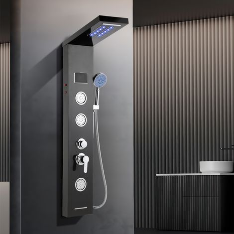 Wolketon Pannello doccia idromassaggio nero con LED e doccetta a mano a 6 getti
