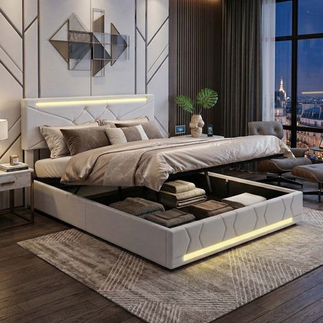 Creahappy Lit Coffre Rangement 140x190 cm - Gain d'Espace Tête de Lit LED & Ports USB - Design Contemporain Velours (1/5)