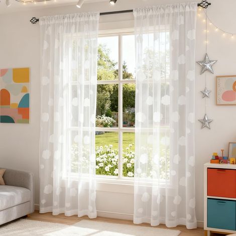 Rideau de fil de nuage 3D blanc, mignon gaufré Cloud fil rideau ferme tige sac, élégant rideau translucide brodé, 1pc 140wx225l cm