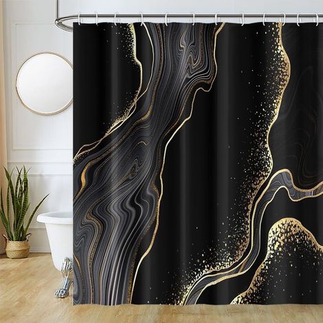 Rideau Douche 180x180cm Noir Effet Marbre Abstrait Streifen Gris Rideaux de Baignoire Tissu Lavable Imperméable Polyester Rideaux Salle de Bain