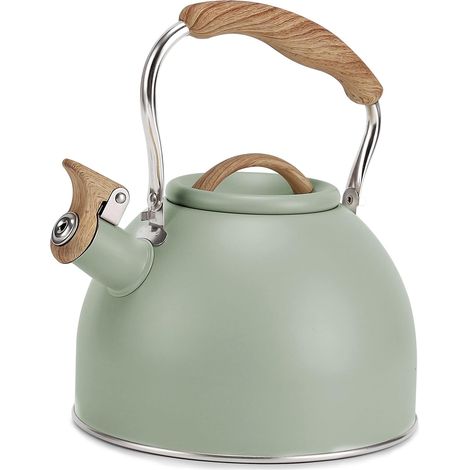 Bouilloire Vegoran 3 litres (100 oz) avec sifflet, infusée à l'imitation bois de qualité alimentaire, poignante et souple, idéale pour thé, café et lait (verte). (1/5)