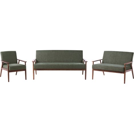 Living Room Set Green and Dark Brown Polyester Fabric Upholstery Retro Design Wooden Frame Armrests Living Room ESRUM