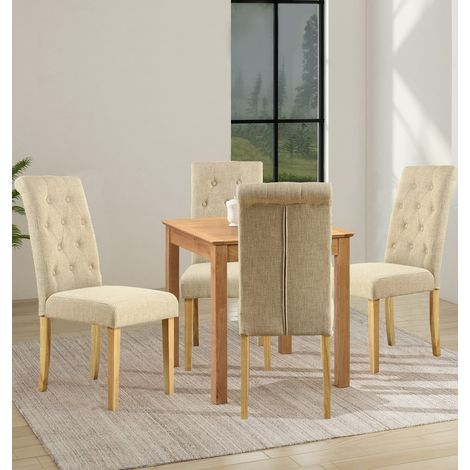 Hallowood Furniture Hereford Oak Wooden Dining Table and Chairs Set 4, Light Oak Small Kitchen Table and Chairs in Straight Back, Buttoned Cream Linen Fabric Cushion, Dining Room Sets