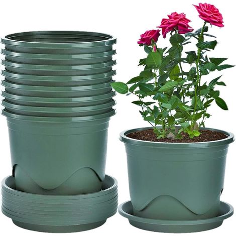 Lot de 6 pots de fleurs en plastique, 22 cm d'épaisseur, pour le contrôle des racines, la pépinière et la culture de semis, avec bac décoratif pour plantes de jardin (vert)