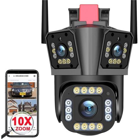 Caméra de sécurité à Domicile Caméra IP 5K 12MP HD 10X Zoom Trois objectifs caméra PTZ extérieure Grand Angle détection de Mouvement caméra de sécurité Surveillance vidéo(5K Camera Add 64G) (1/5)