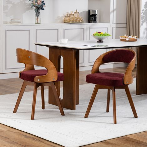 Lot de 2 chaises de salle à manger en bois, style moderne, avec assise pivotante, coussin d’assise en coton et lin et dossier incurvé, chaises d’appoint pour cuisine, café (lin rouge vin) (1/5)
