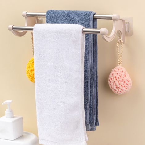 Porte-serviettes double en plastique et acier inoxydable, beige. Fixation murale. (1/5)