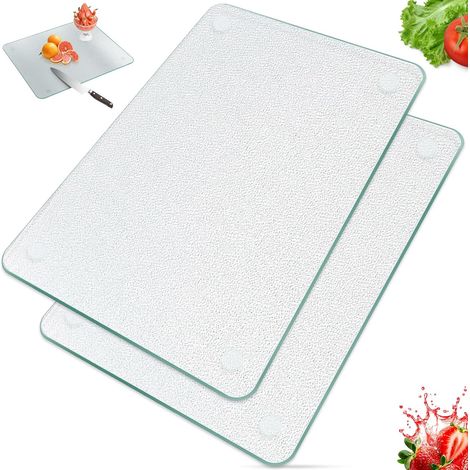 Planche à découper en verre 2 pièces,Plaque en Verre pour Cuisine 30X20cm,planche à découper en verre trempé avec pieds en silicone antidérapants (1/5)