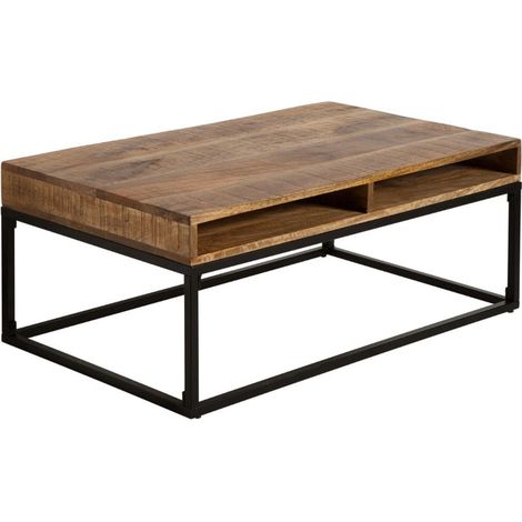 Tavolino LODEN 100 cm in legno massiccio di mango con vani contenitori e metallo nero - stile industriale