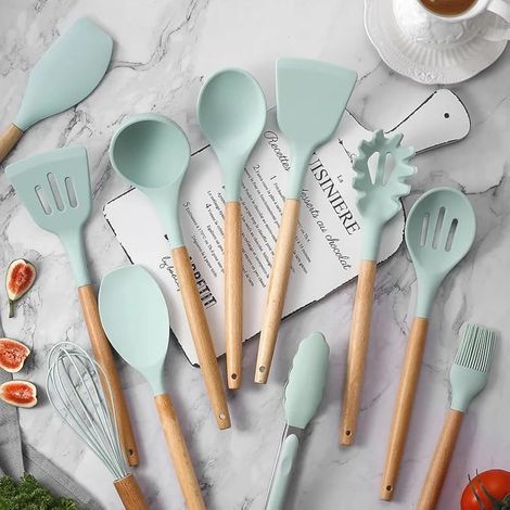 Coffret de 12 ustensiles de cuisine en silicone, manche en bois, pour poêles antiadhésives, couleur vert clair (1/5)