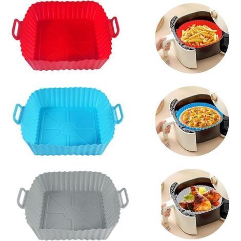 Paquet de 3 Moule Silicone Air Fryer, les Moule Air Fryer pour Friteuse à Air de 8 Pouces Sont Réutilisables,Rouge + Bleu + Gris (1/5)