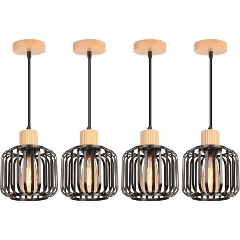 Lustre Suspension - - Vintage - Métal et Bois - E27 - 4 Ampoules - Noir (1/5)