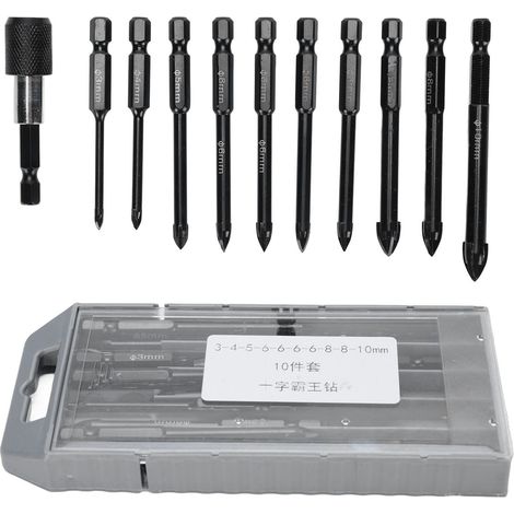 Set mit 10 universellen vierschneidigen Edelstahlbohrern für Glas, Beton, Fliesen, Marmor und Holz. (1/5)
