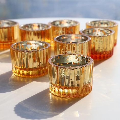 Petits Bougeoir Verre Doré – Lot de 12 pour Mariages, Petits Photophore Verre pour Bougie Chauffe-Plat, Contenant pour Bougie Verre pour Noël, Anniversaires, Fêtes (5 × 3,5 cm, Doré)