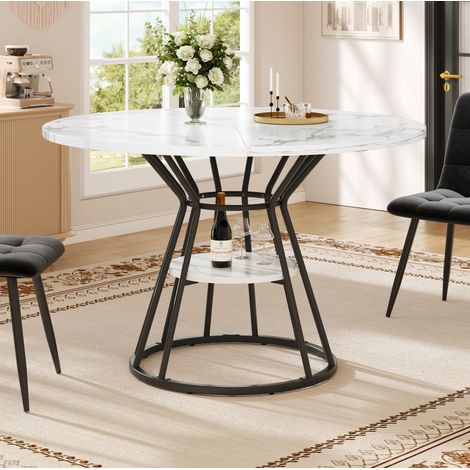 Table à manger ronde, 100x100x76 cm, table de cuisine-salon avec 1 étagère, placage marbre, pieds en métal, MDF, blanc + noir (1/5)