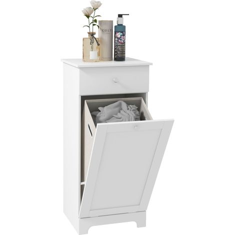 Meuble salle de bain blanc 40x40x90,5Hcm panier à linge tiroir rangement compact gain de place