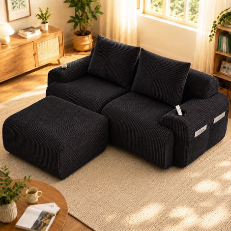 Divano modulare 200/174/80 cm nero in corduroy con portabicchieri e tasca laterale (1/5)