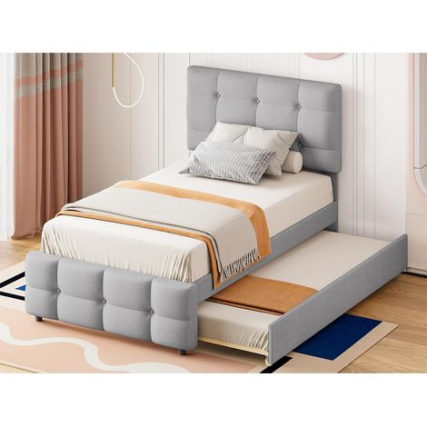 Lit gigogne capitonné 90x200cm - tête de lit réglable - tissu en lin - Gris (1/4)