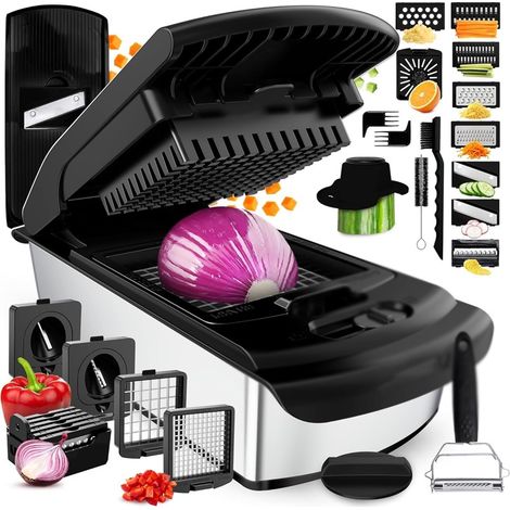 Coupe Legumes Multifonctions et Mandoline - Trancheur ou Découpe Cube Oignons Carottes Concombres Frites Fruits - Rapeuse Legume et Fromage - Cuisine Accessoires,14-en-1 Inox Noir