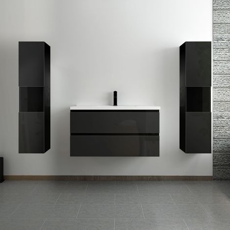 Acezanble ensemble meuble salle de bain 100 cm noir brillant avec 2 tiroirs à fermeture automatique, lavabo céramique simple + colonne haute x2, suspendu