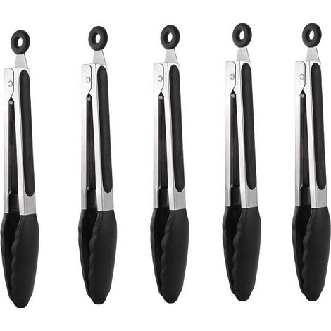 Set di 5 pinze da cucina in silicone - Utensili da barbecue e da cucina in acciaio inossidabile con ganci - Nero (1/5)