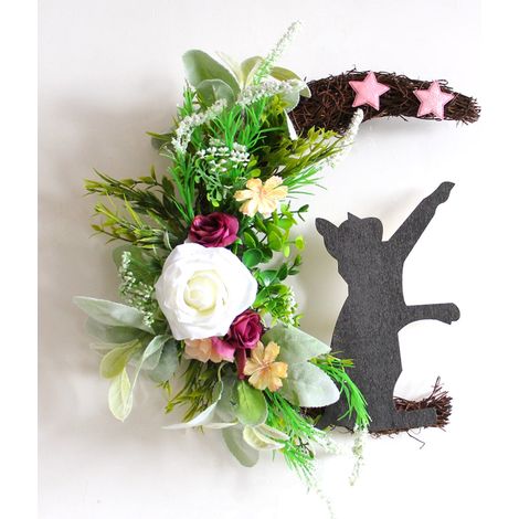 Couronne de lune et chat pour Halloween, décoration de porte effrayante, chat noir, décoration d'intérieur pour les fêtes (1/4)