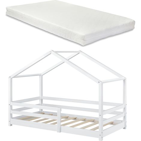 Kinderbett Knätten 90x200 cm mit Rausfallschutz + Lattenrost + Kaltschaummatratze Weiß [en.casa]