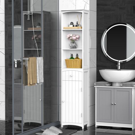 Mobiletto da bagno alto e stretto HOMCOM con 1 cassetto e 3 ripiani a giorno, colonna da bagno in stile moderno per soggiorno, toilette, cucina, 34x24x170 cm, bianco