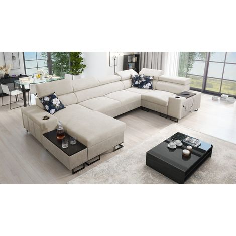 Großes Ecksofa für das Wohnzimmer mit Bar und Schlaffunktion MELODY IV MAXI Tauro/Freya Beige Links (1/5)