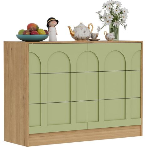 Kommode mit 6 Schubladen, Grün & Holz, Modern, 100x34x72cm (1/5)