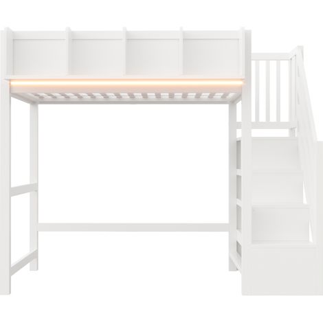Lit mezzanine 90 x 200 cm en bois avec LED, rangements, échelle et garde-corps, blanc (1/5)