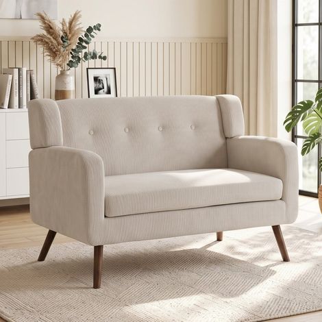 Canapé 2 places de 118 cm en similicuir velours côtelé capitonné. Canapé moderne et confortable, avec pieds en bois, idéal pour les petits espaces. (1/5)