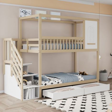 Lit Superposé 90x200cm Forme Maison Fenêtre - lit double - Escalier Rangement, 2 Tiroirs, Barrières Bois Massif Naturel