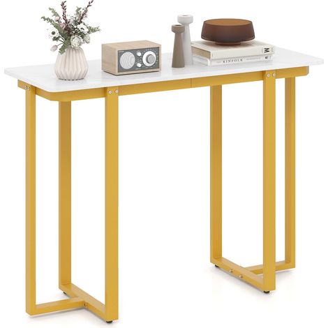 COSTWAY Tavolo Consolle, Tavolo d'Ingresso Moderno in Marmo Finto con Telaio Geometrico in Metallo, Tavolo Stretto per Soggiorno, Corridoio e Ingresso, 107 x 40 x 79,5 cm (Oro e bianco) (1/5)