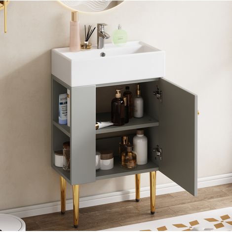 Meuble sous-vasque avec lavabo intégré 55 cm en MDF gris clair (1/5)