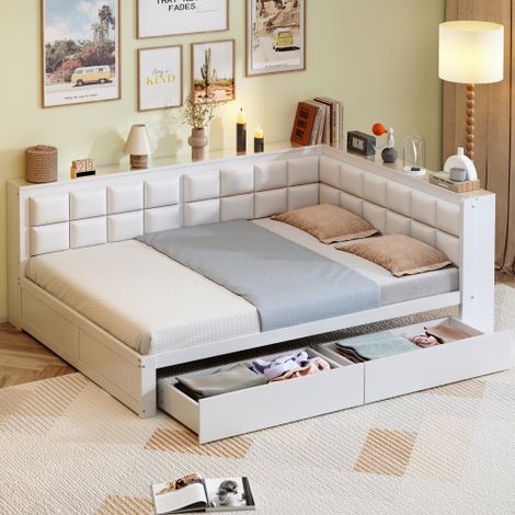 Lit adulte - lit 140x200 cm avec dossier moelleux et tiroir de rangement - en bois - blanc - sans matelas (1/5)